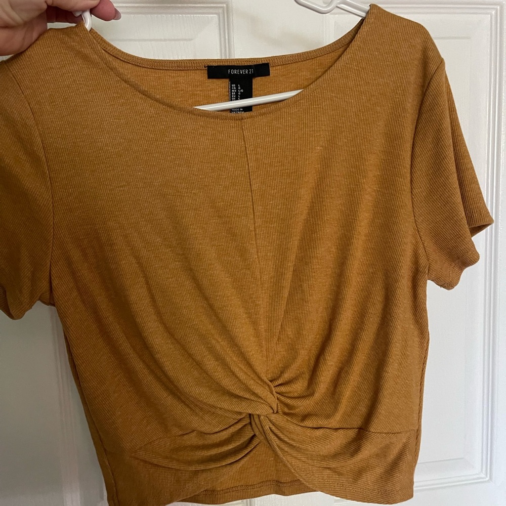 Forever 21 cropped twist front tee in mustard yellow